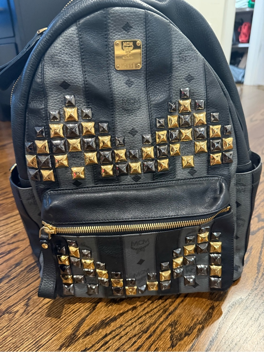 MCM Black Leather Backpack with Gold & Silver Studs